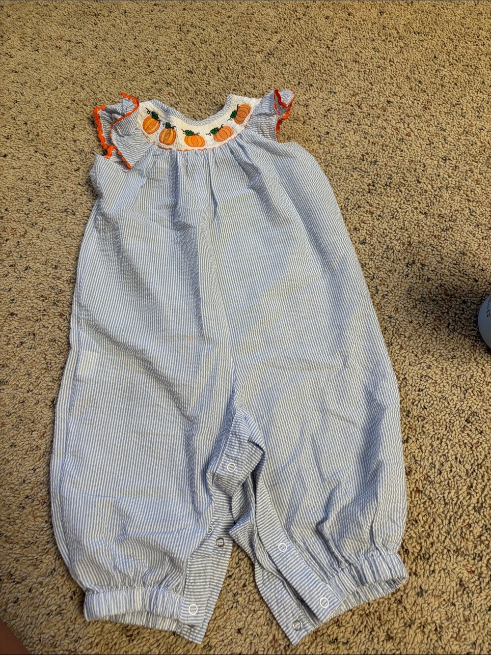 Striped Blue Smocked Pumpkin Baby Romper